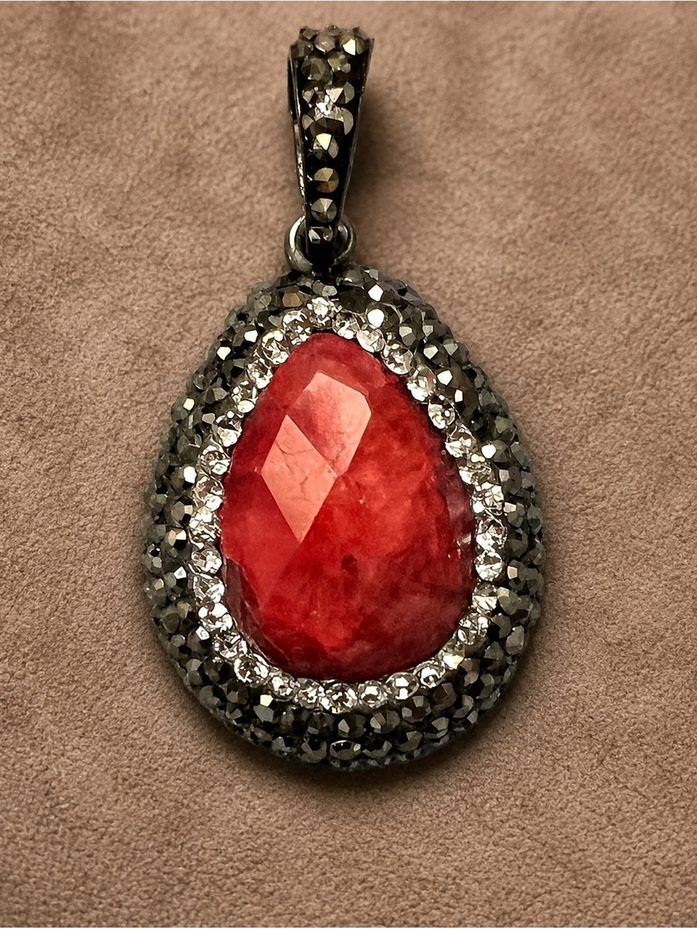 925 Sterling Silver Red Gemstone Pear-Shaped Double Halo Pendant 1.5" #643